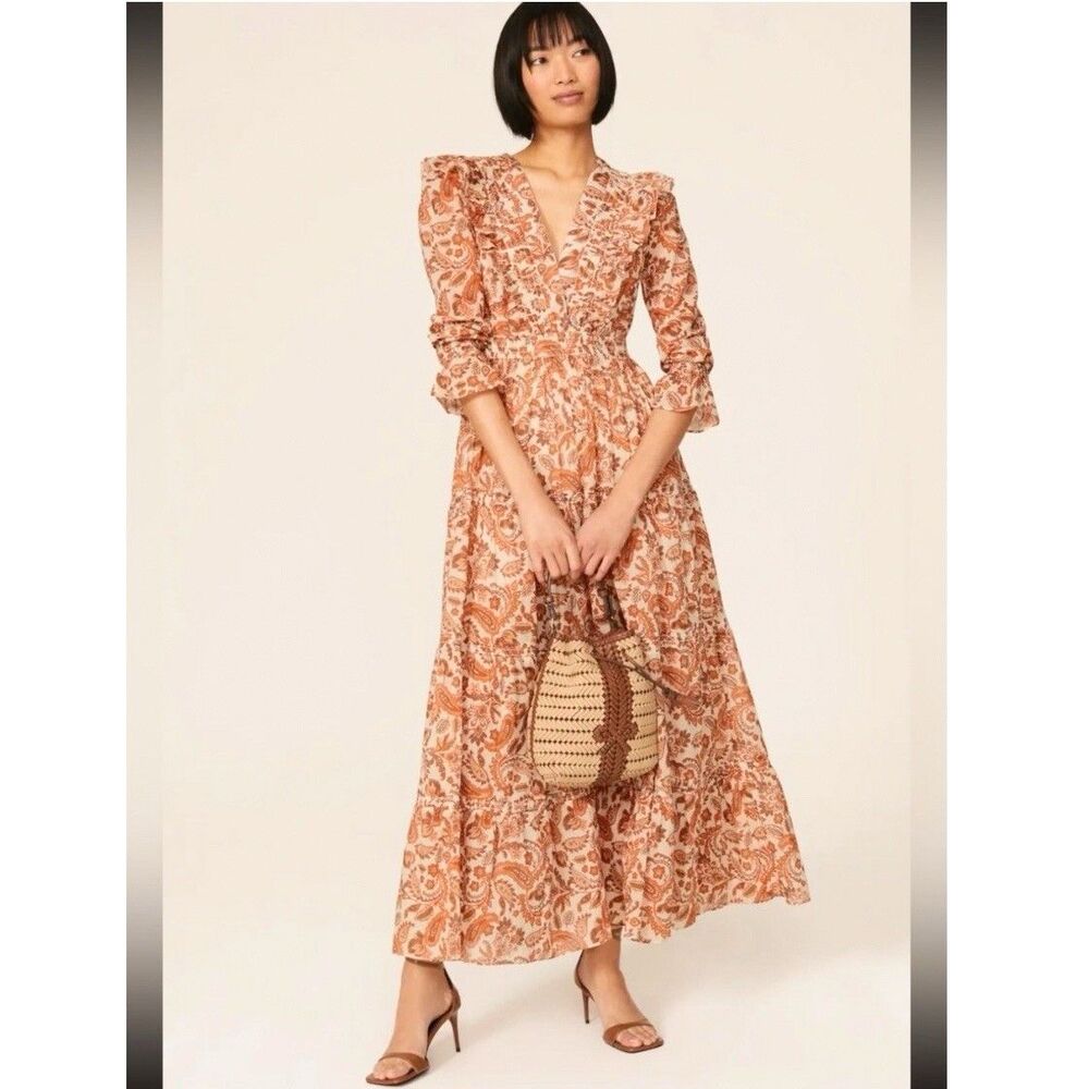 Maje Ruflina Paisley Print Cotton Maxi Dress Size 38 US M Ruffle Boho Tiered